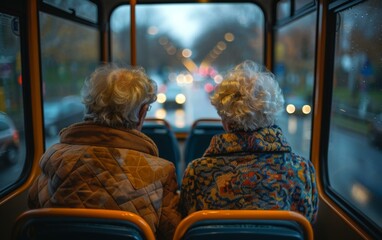 Two elderly people sitting on a bus looking out the window. Generative AI.