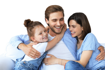 Positive friendly young parents with smiling little daughter sitting on sofa together while relaxing on a transparent background
