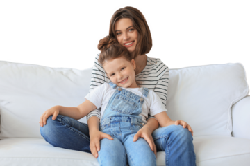 Happy loving mom hugging little daughter, spend time together on a transparent background