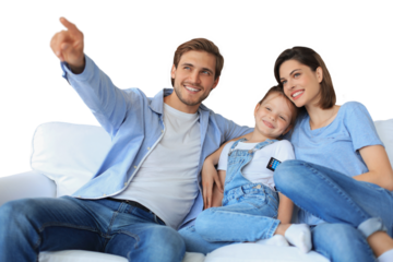Happy family with child sitting on sofa watching tv, young parents embracing daughter relaxing on couch together on a transparent background