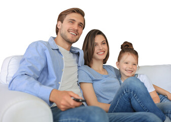 Fototapeta premium Happy family with child sitting on sofa watching tv, young parents embracing daughter relaxing on couch together on a transparent background