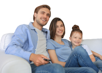 Happy family with child sitting on sofa watching tv, young parents embracing daughter relaxing on couch together on a transparent background