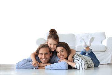 Young Caucasian family with small daughter pose relax on floor on a transparent background
