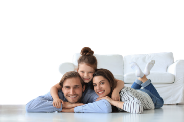 Young Caucasian family with small daughter pose relax on floor on a transparent background