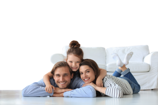 Young Caucasian family with small daughter pose relax on floor on a transparent background - Powered by Adobe