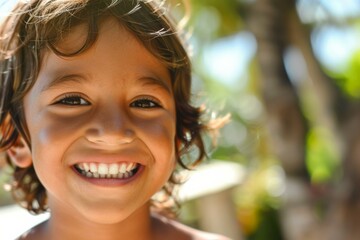 A close up of a smiling child with curly hair and a toothbrush. Generative AI.