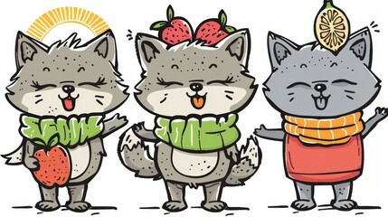 Naklejka premium Three cats wear scarves; one is adorned with a strawberry-patterned scarf and holds a strawberry, while another sports a lemon-patterned headpiece
