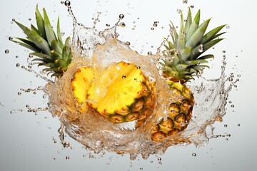 Pineapple with water splashes close-up.