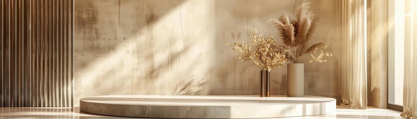 3D rendering of a beige concrete podium with a golden vase and pampas grass. The podium is in front of a beige concrete wall with sunlight shining through a window on the right.