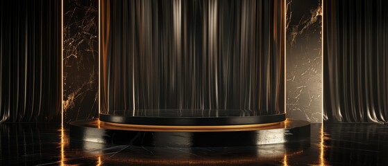 3D rendering of a black and gold podium with a spotlight
