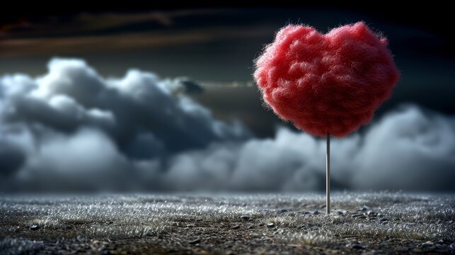   A red heart-shaped lollipop sits in the middle of a field against a backdrop of cloudy sky