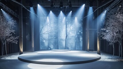 An empty theater stage is set with a winter backdrop. The stage is lit with spotlights.