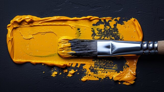   A tight shot of a yellow-laden paintbrush hovering above a black canvas, adorned with water droplets on the pooled paint