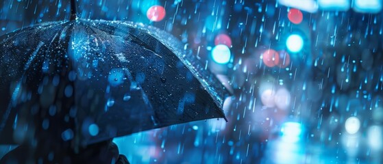 A person holding a black umbrella in the rain