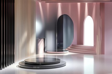 3D rendering of a pink and white room with a black floor. There are two podiums in the center of the room.