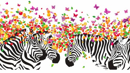 Naklejka premium A gathering of zebras aligned beside one another, facing a gaggle of butterflies and confetti