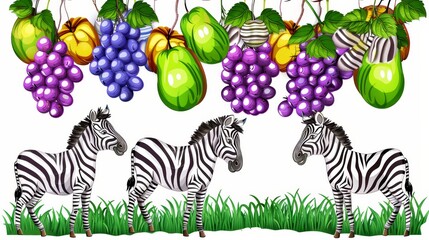 Fototapeta premium A zebra stands next to two others beneath a line of grapes laden with fruit