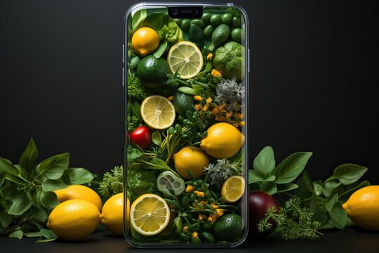 Smartphone fresh products, online grocery shopping app.