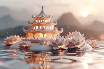 Tranquil temple amidst lotus flowers at sunset, embodying peace and serenity in a spiritual setting. Vesak Day greeting card.