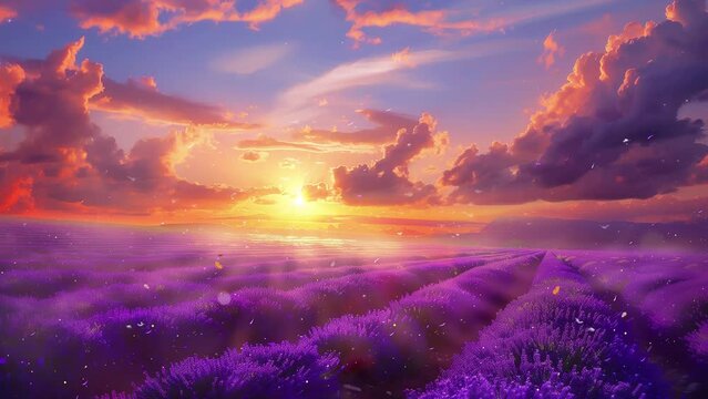 beautiful lavender field sunset landscape. nature background. seamless looping overlay 4k virtual video animation background