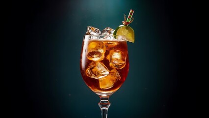 Glass of cold cuba libre cocktail on dark background