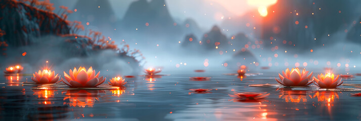 Lotus flowers on misty water at sunrise, serene and perfect for meditation backdrops. Vesak Day greeting card.