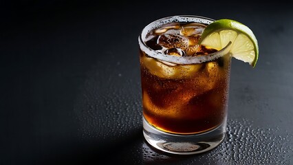 Glass of cold cuba libre cocktail on dark background
