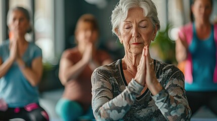 Fototapeta premium Elderly women do yoga exercises with mindfulness and dedication. Focus on health, wellness, and taking care of yourself after retirement.