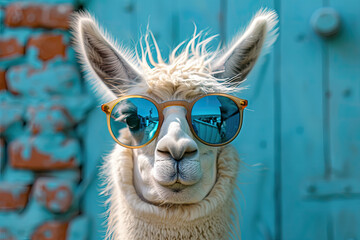 Fototapeta premium portrait of an alpaca with blue glasses on a blue background. Created with Ai