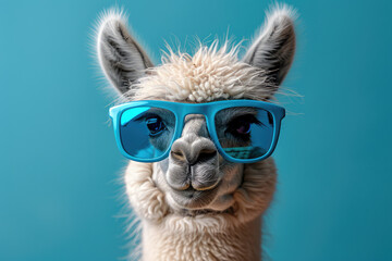 Fototapeta premium Portrait of an alpaca wearing blue sunglasses. Created with Ai