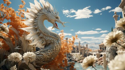 Fototapeta premium The seahorse was amazed to stumble upon a field of blooming sunflowers in the desert. 3D Over Action realistic