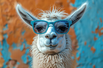 Fototapeta premium portrait of an alpaca wearing blue glasses. Created with Ai
