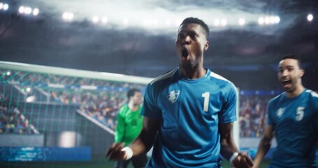 Portrait with Two Diverse Footballers in Blue Uniform Celebrating a Winning Match on a Field in a Big Crowded Stadium. Diverse Caucasian and Black Soccer Players Tasting the Victory - Powered by Adobe