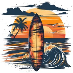 prancha de surf com ondas do mar, em estilo de imagem de postal