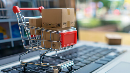 voll beladener einkaufswagen mit paketen, auf einer computer tastatur illustriert den onlinehandel