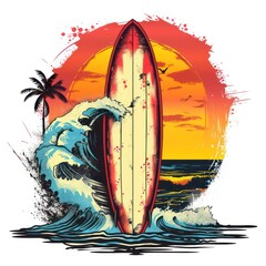 surfboard with sea waves, in postcard image style