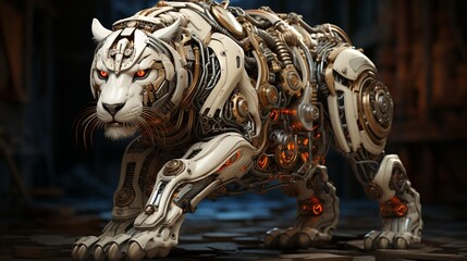 Fototapeta premium Amidst the hum of machinery a bionic tiger clashes with a synthetic bear in a relentless struggle for dominance. 3D Over Action realistic