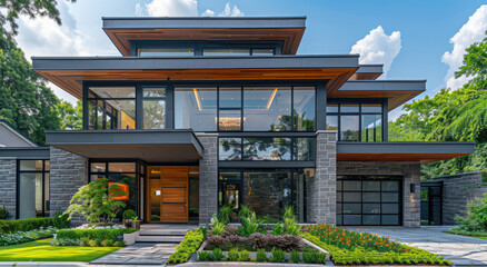  Modern two-story house in Vancouver, front view, large garage and carport on the left side of the home, steel windows with black frames, dark gray stone exterior walls with wood accents. 