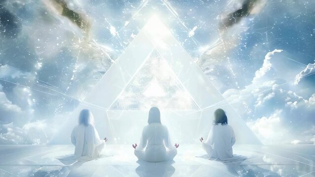 Beings of light meditating around a white pyramid of wisdom