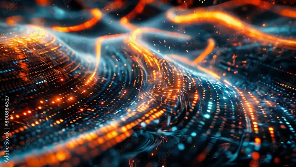 Poster Glowing data binary code background with digital particles and orange lights