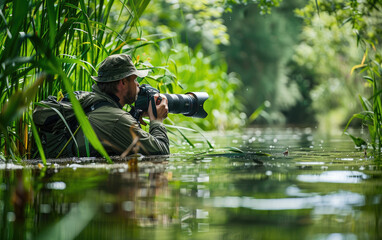 A wildlife photographer is holding his long lens camera in the water, standing on an island of reeds near a pond with water plants. He has a black t-shirt and baseball cap
