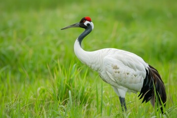 Naklejka premium Crane with red crown in grassy field