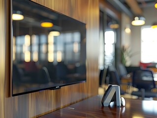 A high-definition television screen mounted on a wooden wall in a modern office setting with blurred background