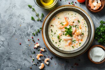 Creamy seafood chowder with sour cream herbs and pepper on grey background Overhead view