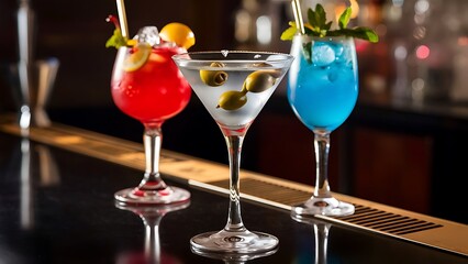 Two colorful cocktails and dry martini with green olives red and blue cocktails with ice lemon mint and cherry selective focus