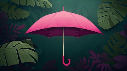 Flat solid color illustration of a magenta umbrella on a forest green background