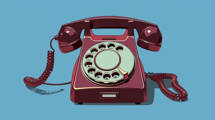Flat solid color illustration of a maroon old-fashioned rotary phone on a powder blue background