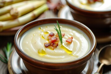 Creamy white asparagus soup with olive oil and bacon garnish