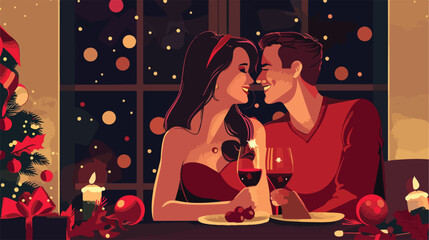 Sexy young couple having romantic date on Christmas e