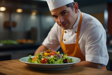 Cook holding plate with salad near service bell